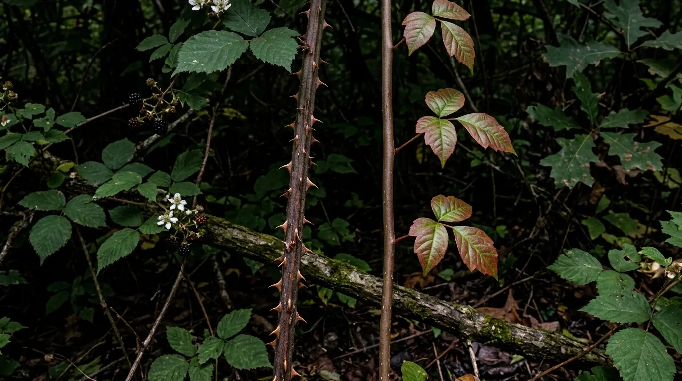 A blackberry cane covered in curved thorns beside a poison ivy stem that is completely smooth.