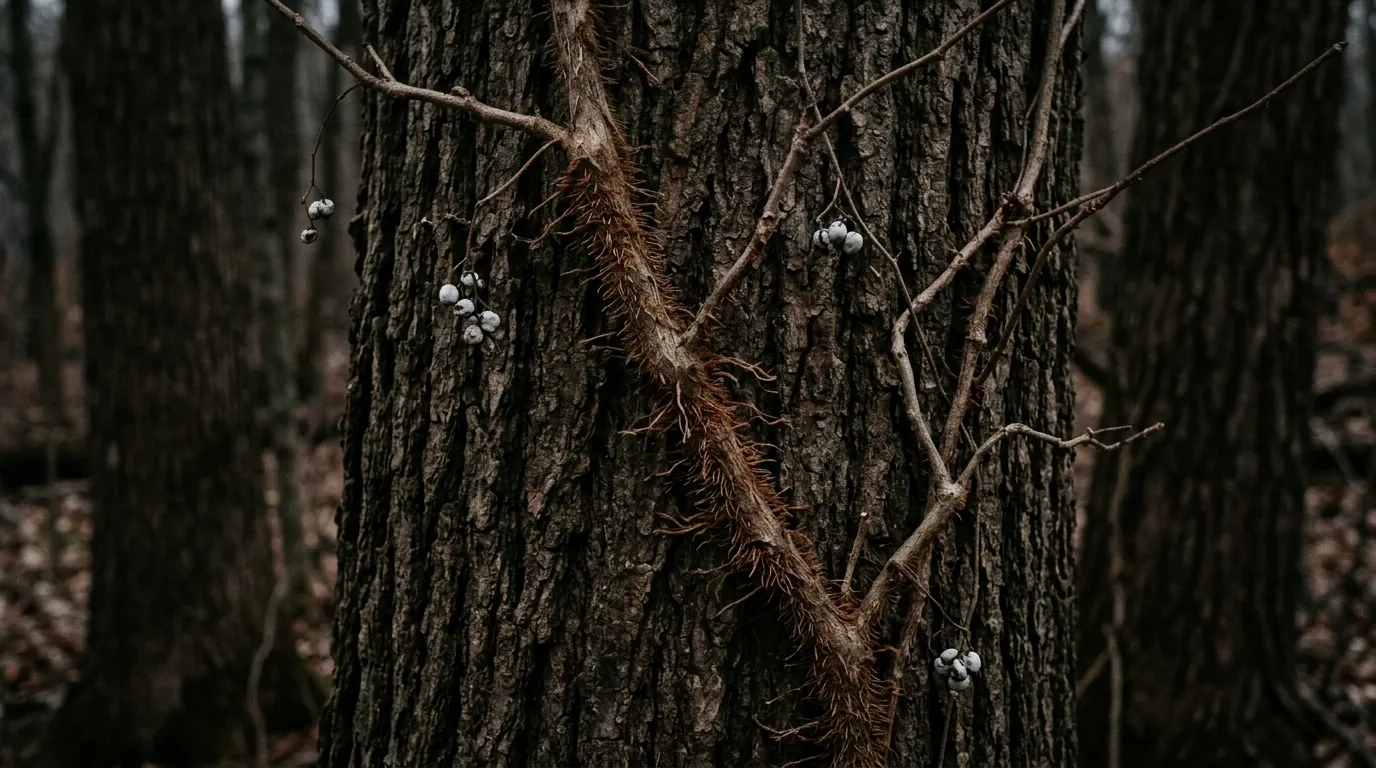 A leafless poison ivy vine climbing a tree trunk, its stem thick with hairy aerial rootlets and carrying clusters of pale waxy berries.
