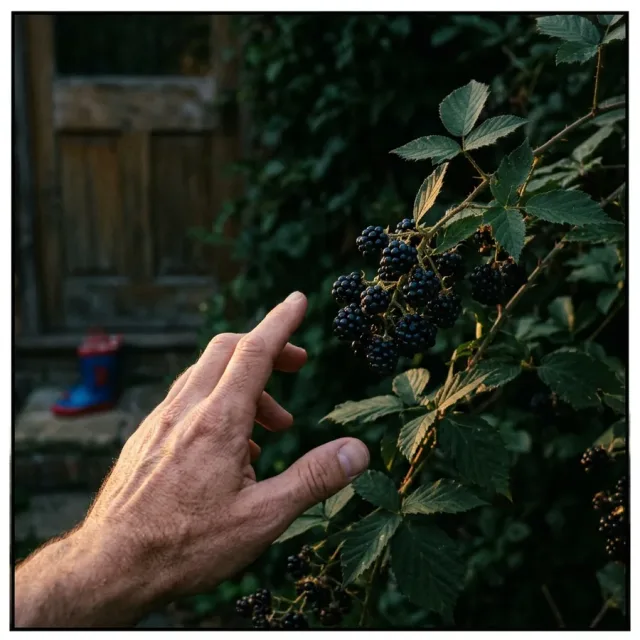 A hand reaching toward a cluster of dark berries by a back door and stopping short of touching them, a child's boot on the step behind.