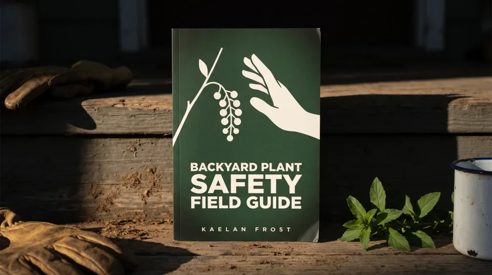 The printed Backyard Plant Safety Field Guide standing on a weathered porch step beside work gloves and an enamel mug.