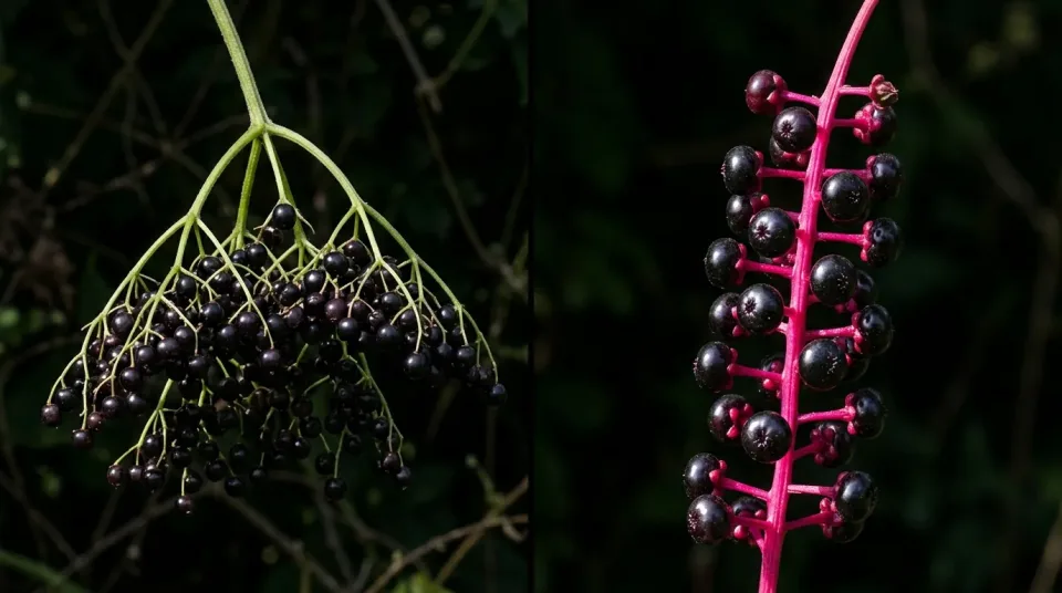 Elderberry berries hanging from a green, branching stem beside pokeweed berries standing upright on a thick magenta stem.