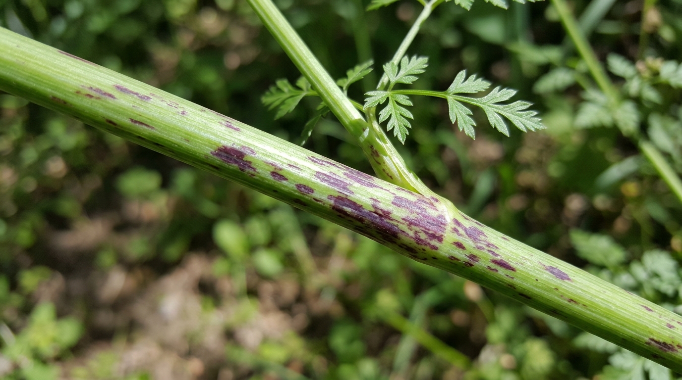 Close-up of a poison hemlock stem showing smooth surface and purple blotches