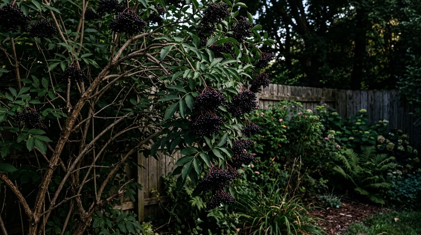 Elderberry clusters growing in broad branching sprays on a woody shrub in a backyard edge