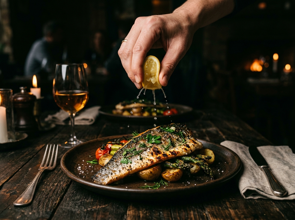A wedge of lemon being squeezed over a finished fish dish