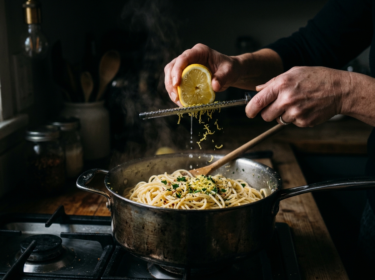 Fresh lemon zest and juice being added to pasta at the end of cooking