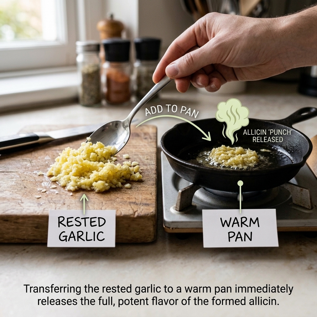 Minced garlic being added to a warm pan after a short resting time