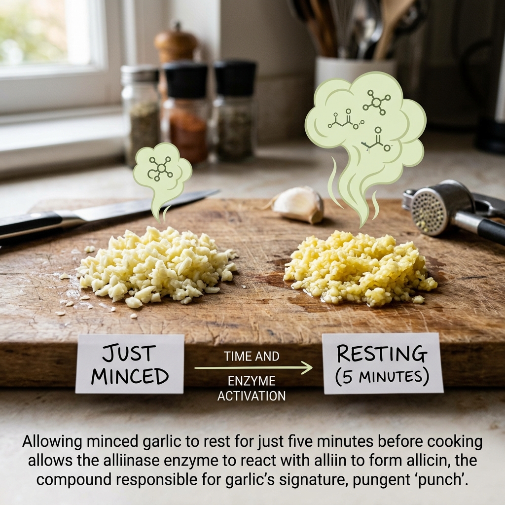 Freshly minced garlic resting on a wooden cutting board before cooking