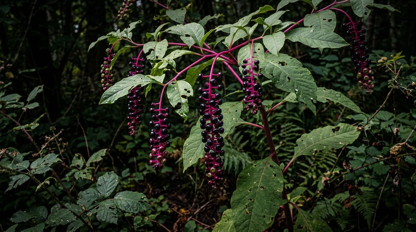 Pokeweed with glossy dark berries hanging from bright magenta stems in late summer
