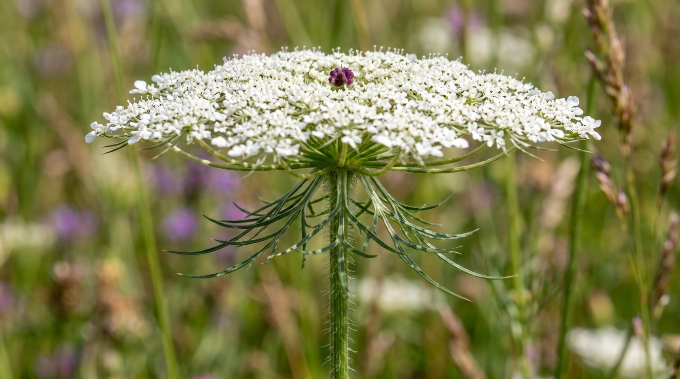 Queen Anne's lace showing hairy stem and narrow bracts beneath the flower head