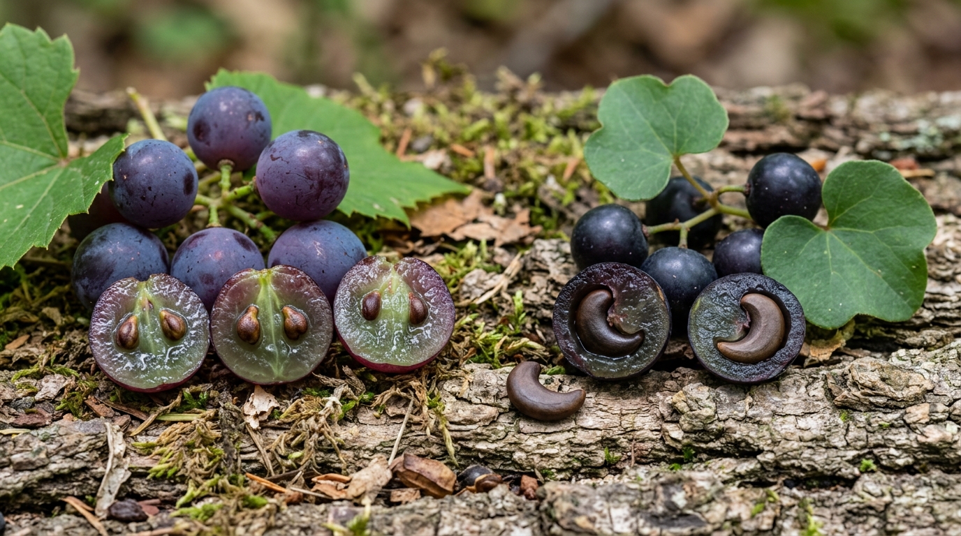 Moonseed and wild grape berries opened to show the seed difference