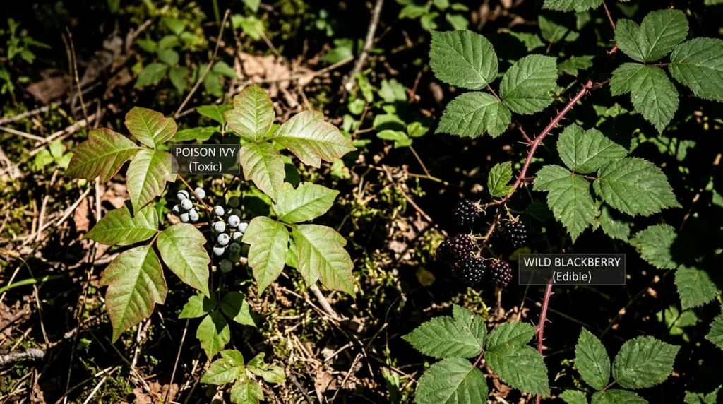Poison ivy carrying pale berries on the left and a thorny wild blackberry cane carrying dark berries on the right.